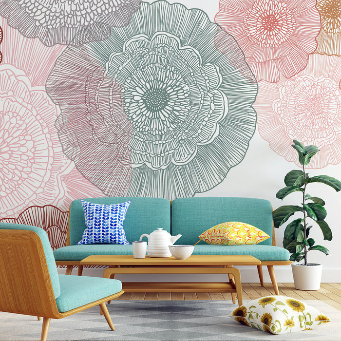 Papel de parede linear flores | Padrões florais delicados em tons pastel