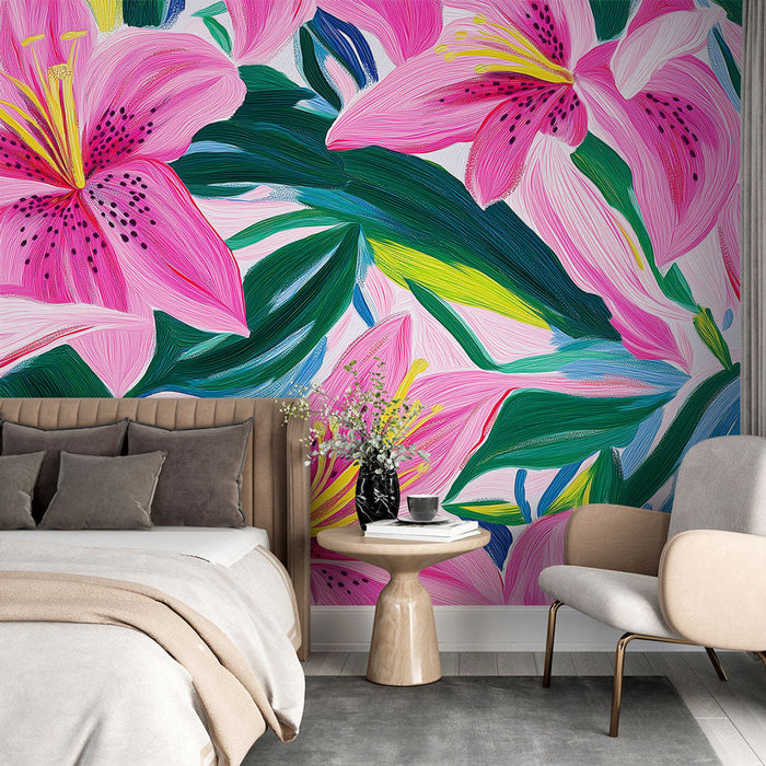 Muraaltapeet lilled | Kaunid roosad liiliad lopsaka lehestikuga