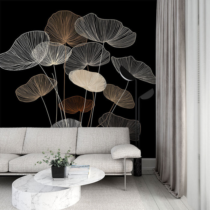 Fototapet minimalistiske blomster | Delikate blade med grafiske konturer på en sort baggrund