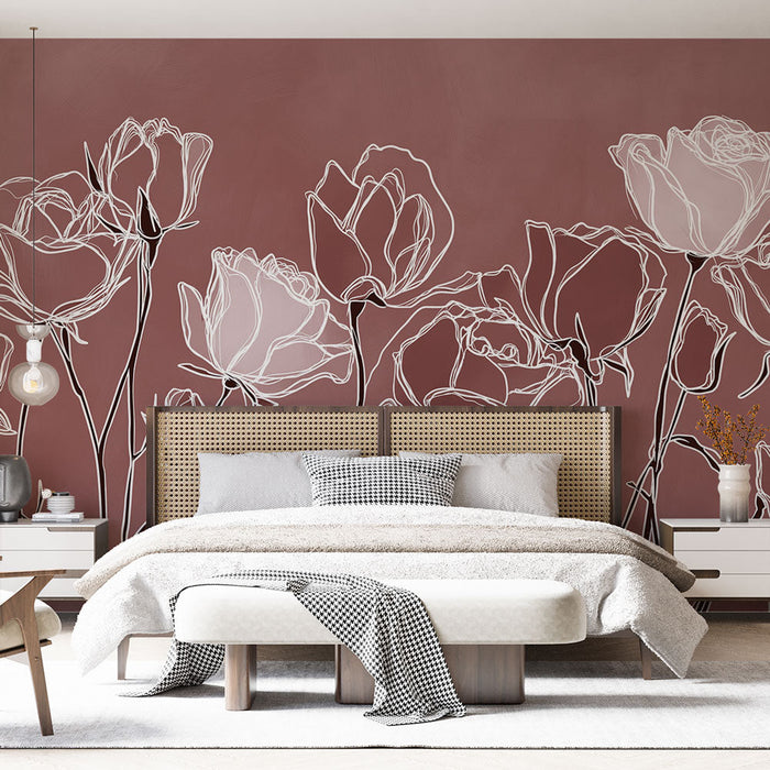 Tapeta minimalistické květiny | Jemné siluety růží na růžovém pozadí