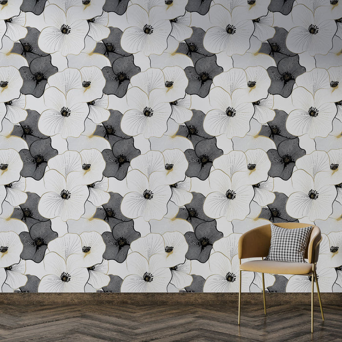 Mural Wallpaper monochrome flowers | Black and white flower pattern on white background