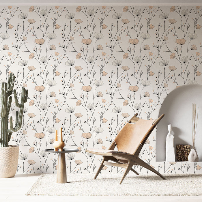 Fototapet blommor | Handritat blommönster på ljus bakgrund