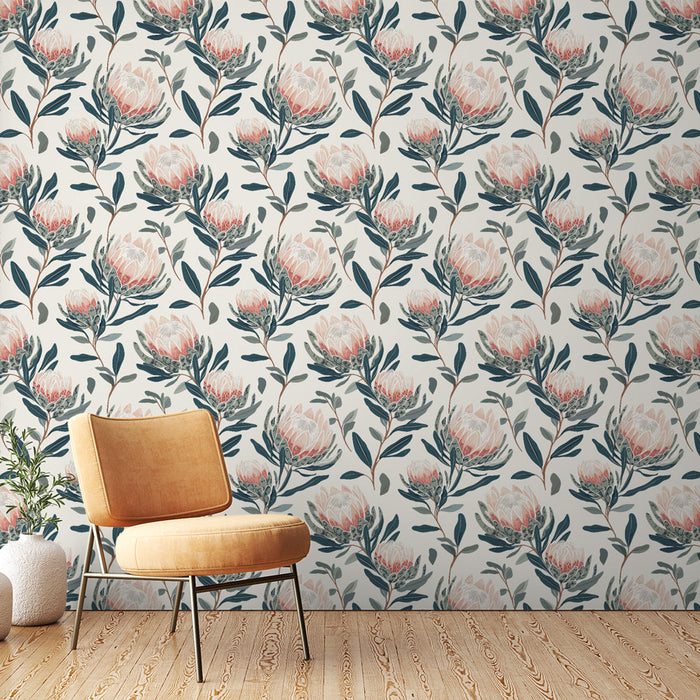 Ταπετσαρία τοίχου λουλούδια | Ευαίσθητο μοτίβο προτέα με πράσινα φύλλα