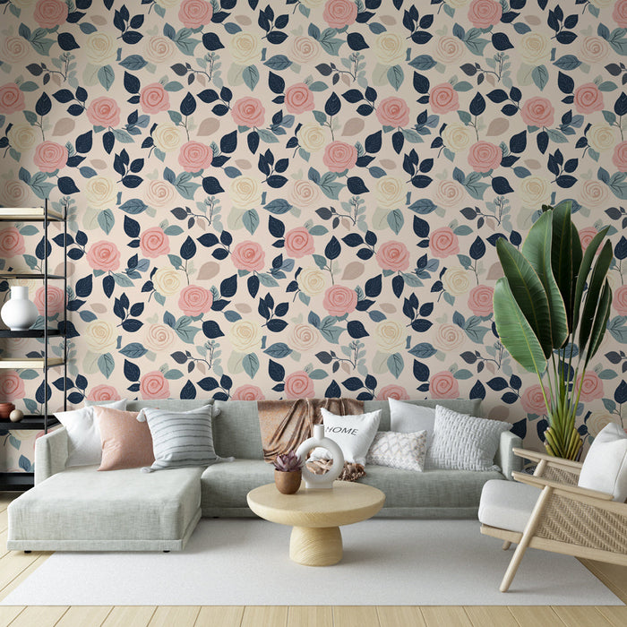 Duvar kağıdı çiçekleri | Pastel gül ve yapraklarıyla zarif desen