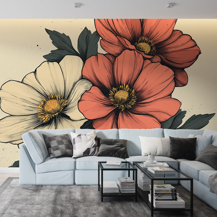 Mural Wallpaper flowers | Elegant floral pattern with colorful poppies