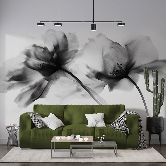 Papel de parede preto e branco flores | Estilo de pintura detalhada panorâmica