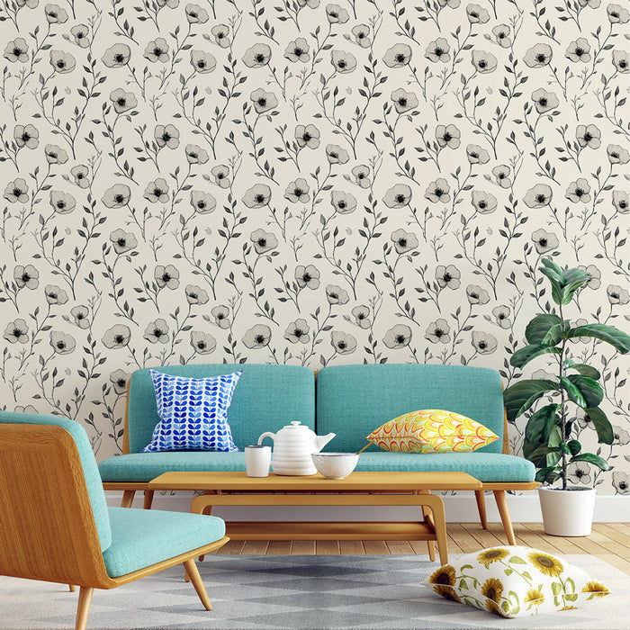 Tapete με μαύρα και λευκά λουλούδια | Κομψό λουλουδένιο μοτίβο σε κρεμαστό φόντο