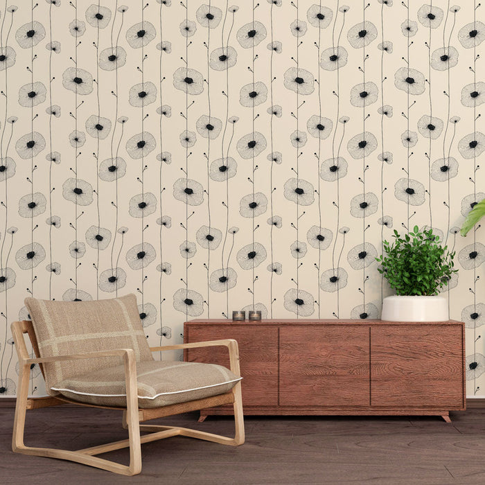 Papel pintado blanco y negro con flores | Patrón de amapolas esbozadas