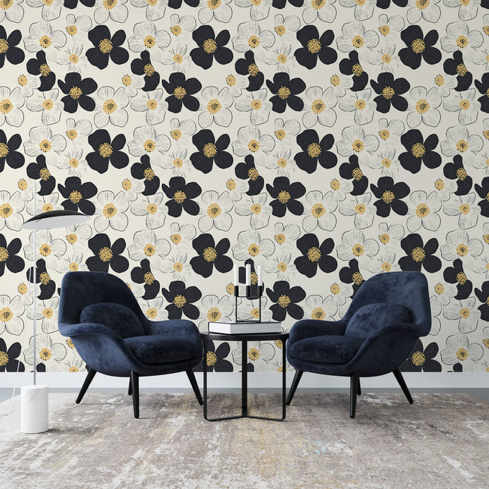 Tapete Schwarz-Weiß-Blumen | Blumenmuster mit goldenen Akzenten