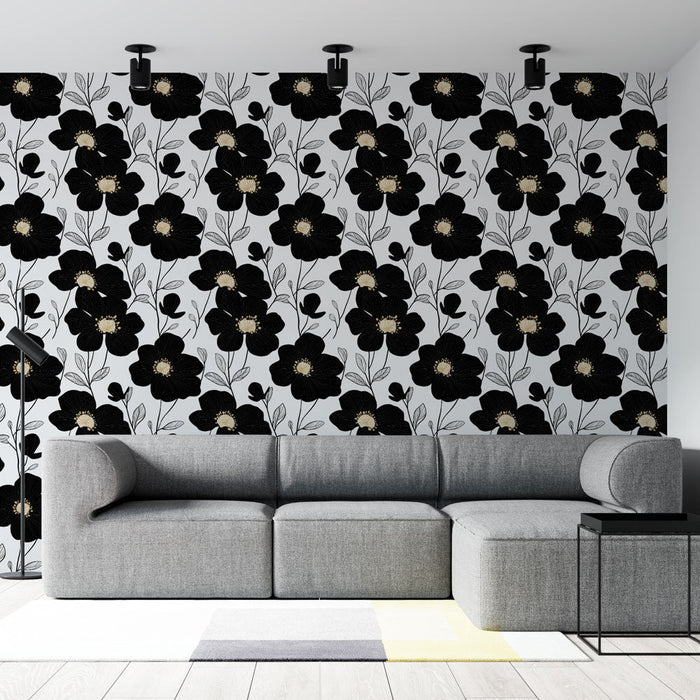 Papel de parede preto com flores | Padrão floral delicado em um fundo branco