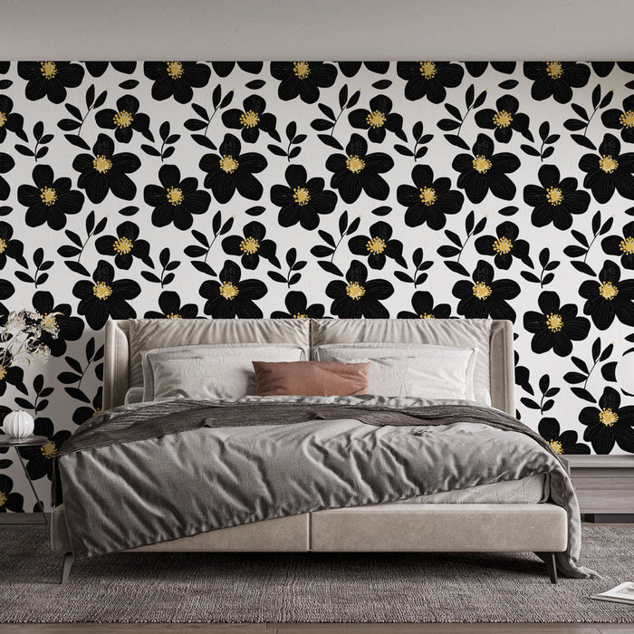 Carta da parati con fiori neri | Motivo floreale nero e dorato su sfondo bianco
