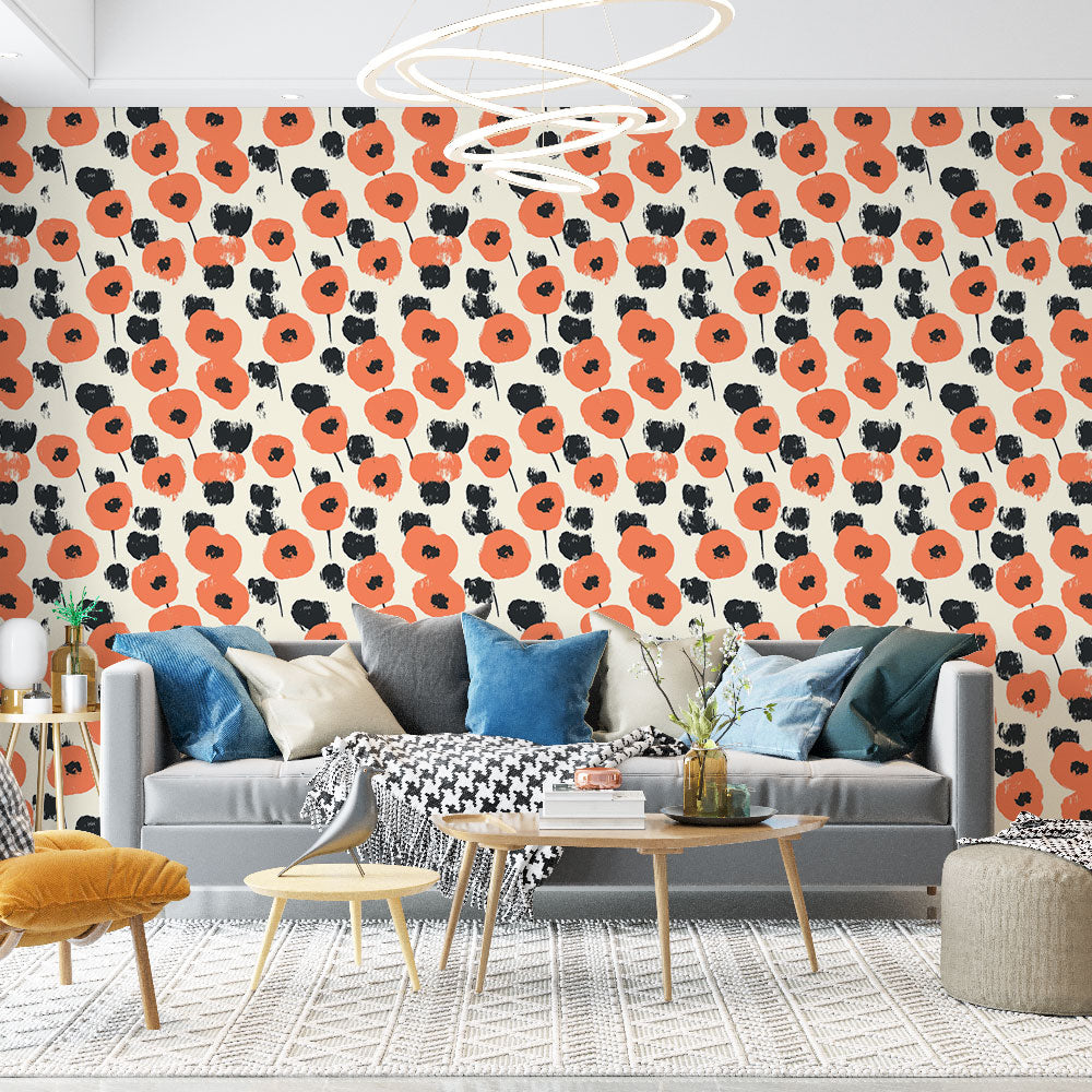 Tapeta s oranžovými a černými květy | Stylizovaný motiv máku na krémov —  WonderMural, image size:1000x1000