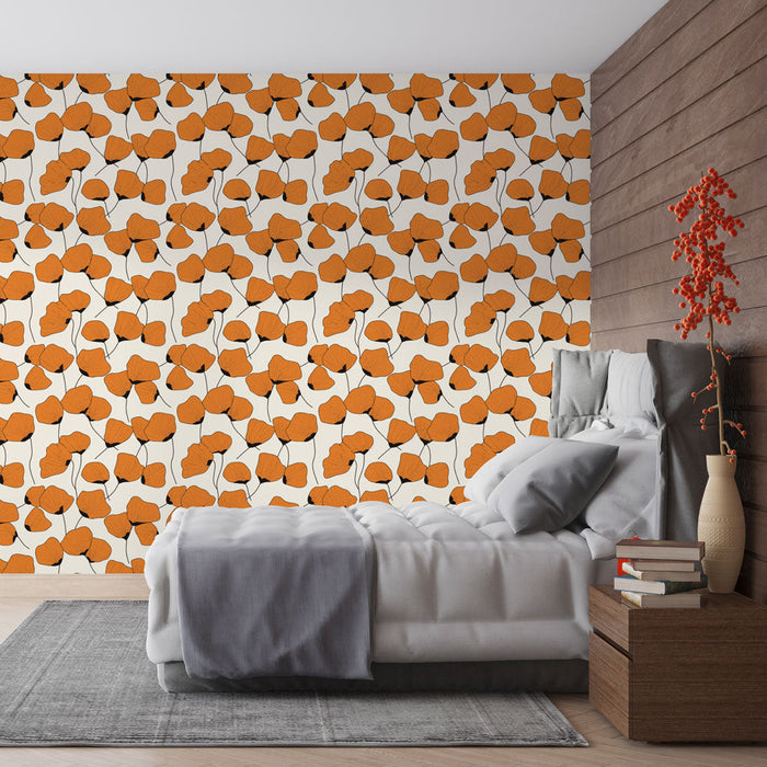 Fototapet oransje blomster | Oransje blomstermønster på lys bakgrunn