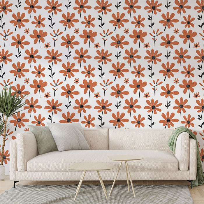 Foto Behang oranje bloemen | Bloemenpatroon met oranje bloemen en zwarte bladeren op een witte achtergrond