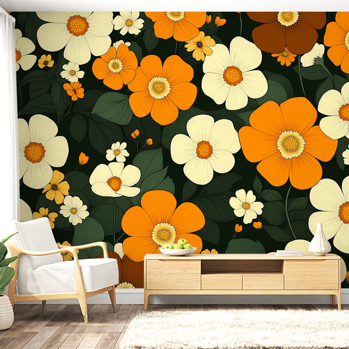 Fototapet orange flowers | Bright floral pattern on dark background