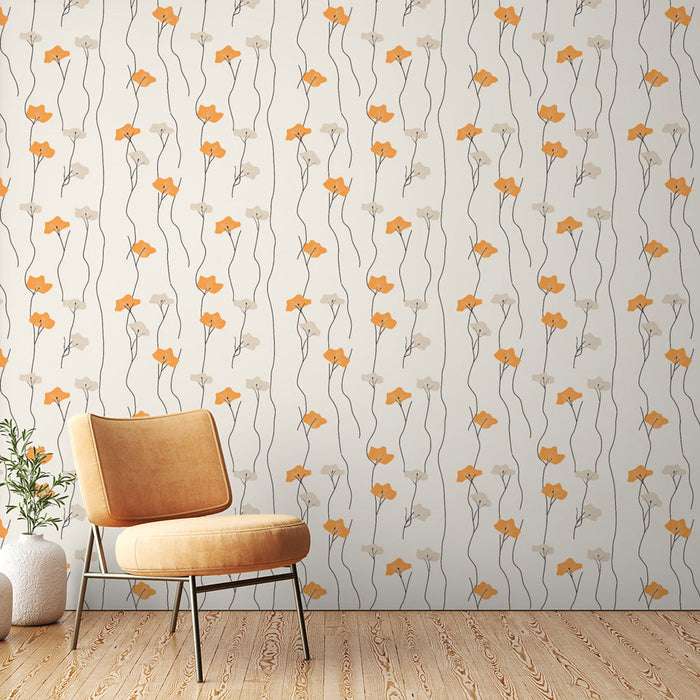Fototapet oransje blomster | Oransje og krem blomstermønster på en lys bakgrunn
