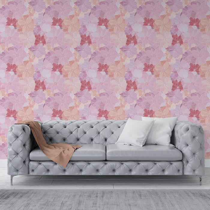 Mural Wallpaper flowers pastel | Soft floral pattern in shades of pink and coral