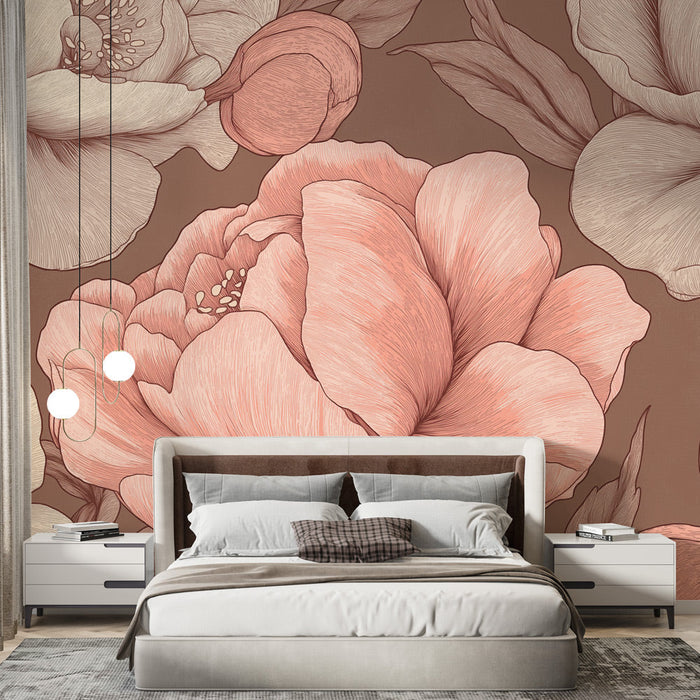 Fototapet pastelblommor | Linjär blyertsteckningsstil