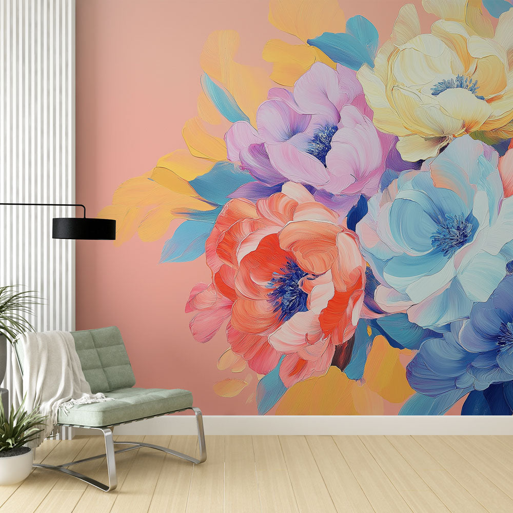 Carta da parati fiori dipinti | Bouquet di fiori pastello su sfondo ro —  WonderMural, image size:1000x1000