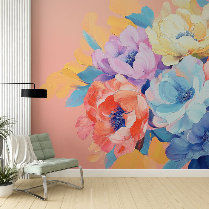 Fototapet boyalı çiçekler | Pembe arka plan üzerinde pastel çiçek demeti