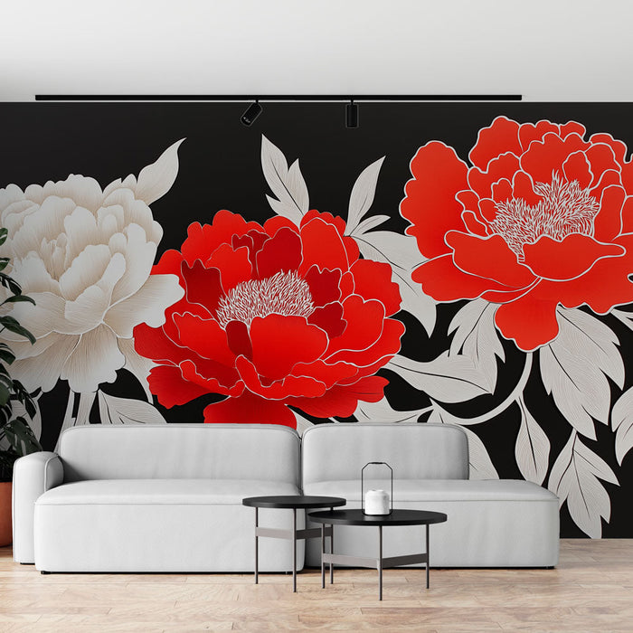 Mural Wallpaper Flowers | White and Red Peonies on Black Background