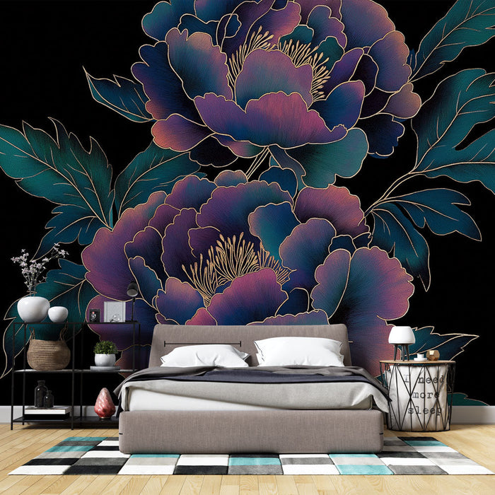 Mural Wallpaper Flowers | Radiant Peonies on Black Background