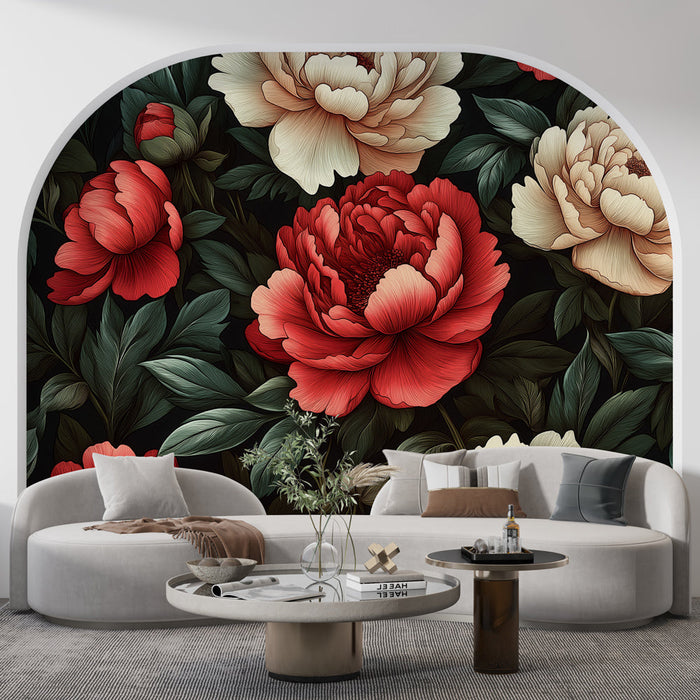 Mural Wallpaper flowers | Red and Cream Peonies on Dark Background