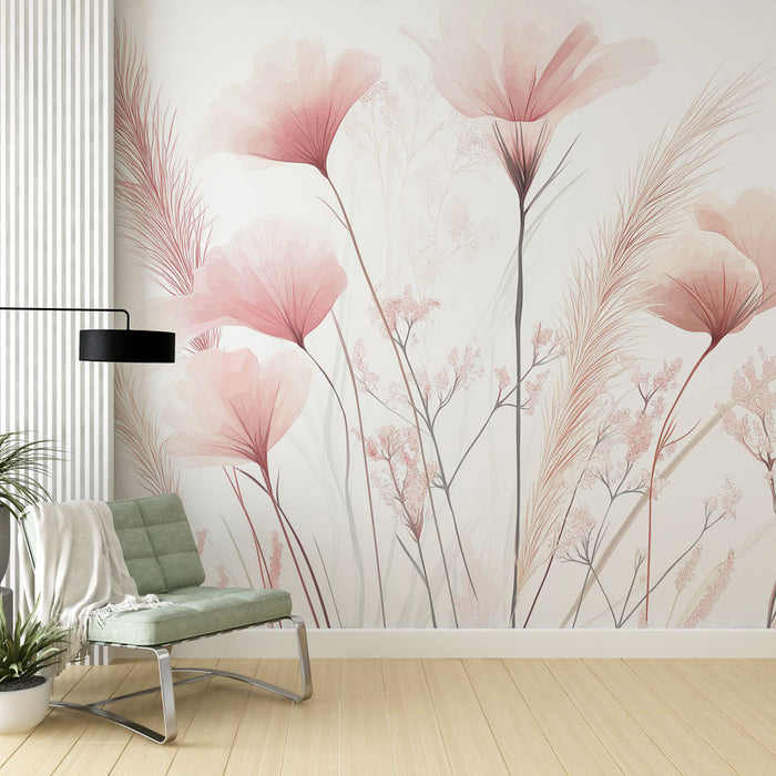 Mural Wallpaper pink flowers | Soft flowers on light background