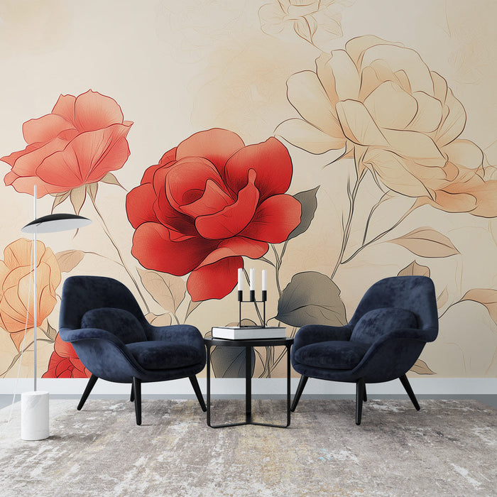 Mural Wallpaper flowers | Bright roses on a soft background