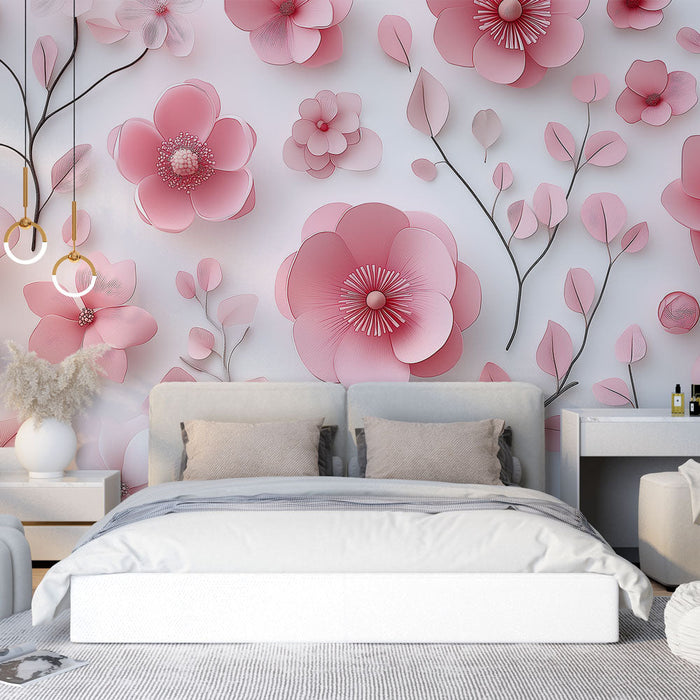 Mural Wallpaper pink flowers | Elegant paper flowers on a soft background