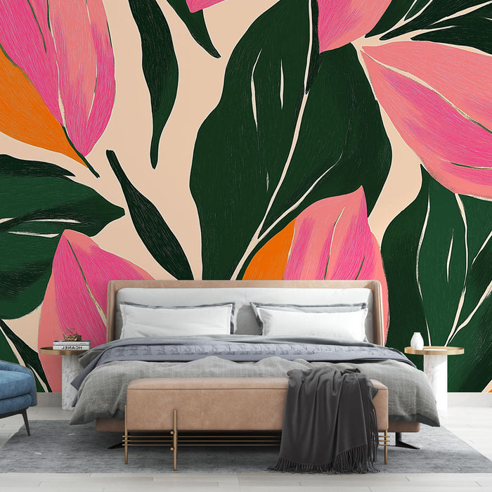 Fototapet rosa blomster | Tropiske blader på lys bakgrunn