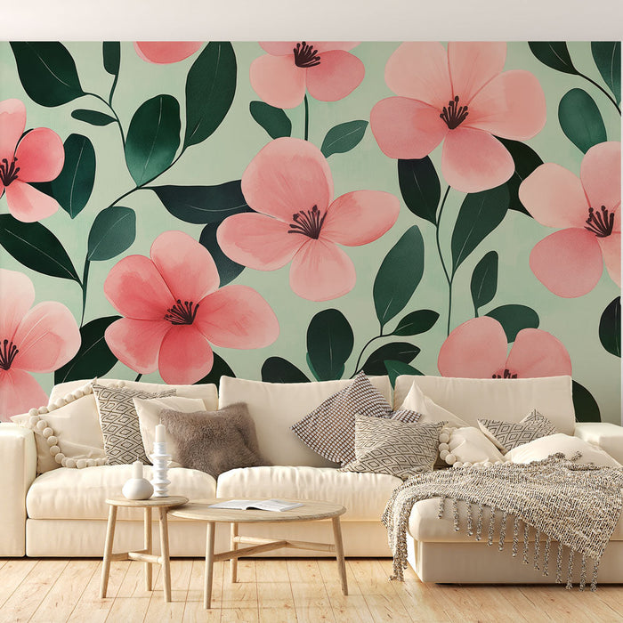 Mural Wallpaper pink flowers | Delicate flowers on green background