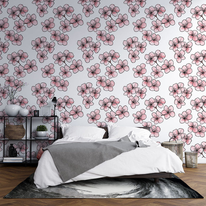 Papel pintado flores rosas | Encantador motivo de delicadas flores sobre un fondo claro