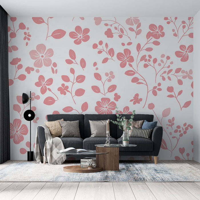 Mural Wallpaper pink flowers | Delicate floral patterns on white background