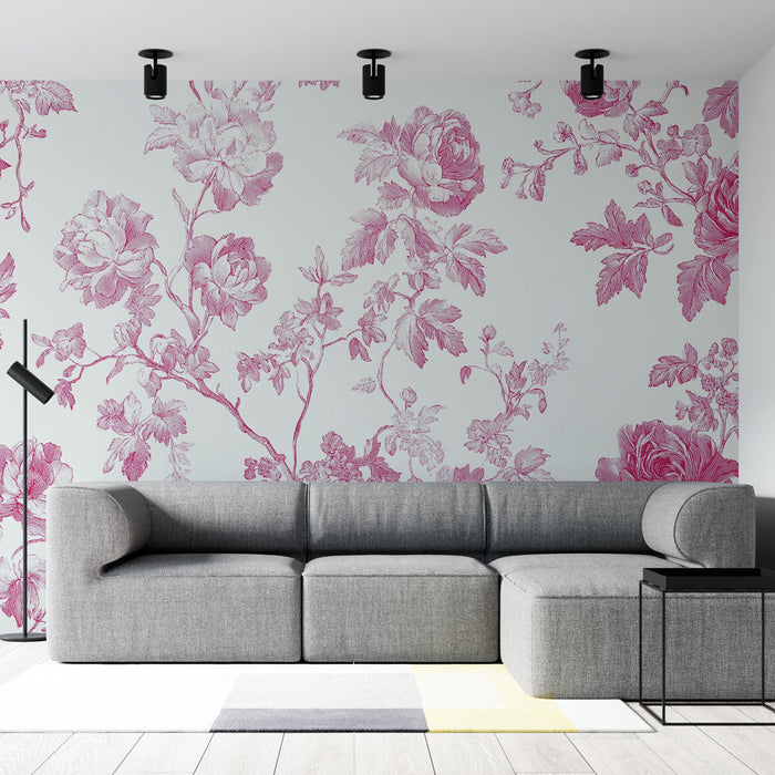 Mural Wallpaper pink flowers | Elegant floral patterns on white background