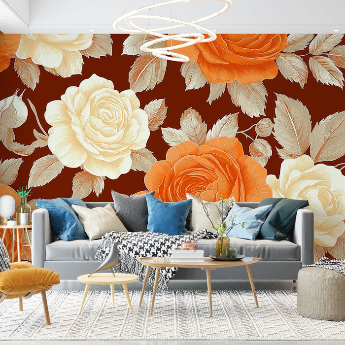 Mural Wallpaper flowers | Orange and Cream Roses on Red Background