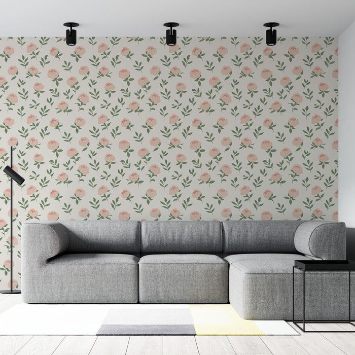 Mural Wallpaper pink flowers | A delicate pattern of roses and green leaves on a cream background