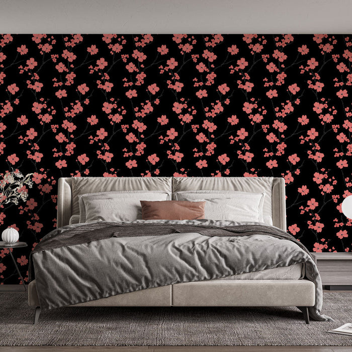 Mural Wallpaper pink flowers | A delicate pattern of pink flowers on a black background