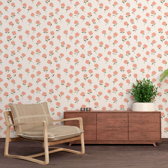 Mural Wallpaper pink flowers | A delicate pattern of small pink roses on a white background