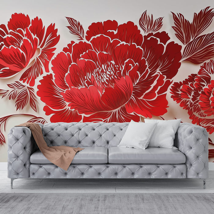 Mural Wallpaper red flowers | Magnificent peonies cut on white background