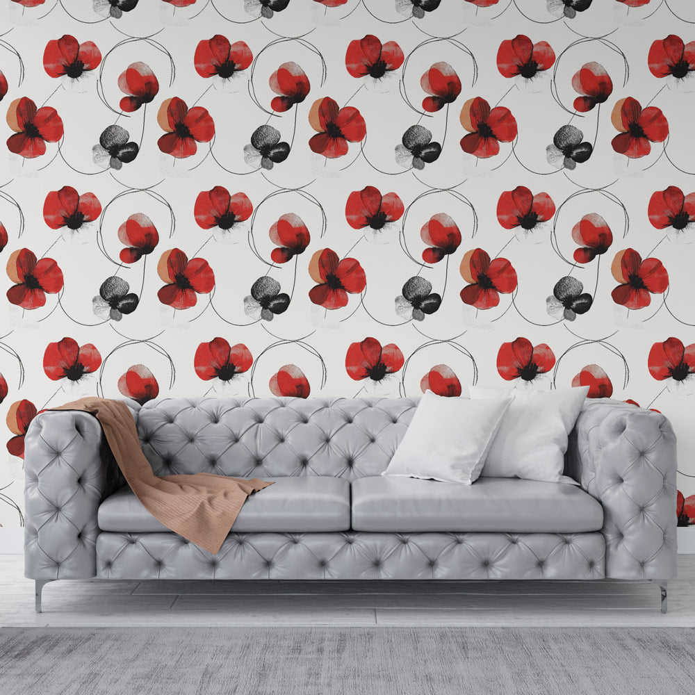 Tapeta s červenými květinami | Stylizovaný květinový vzor s jasnými má —  WonderMural, image size:1000x1000