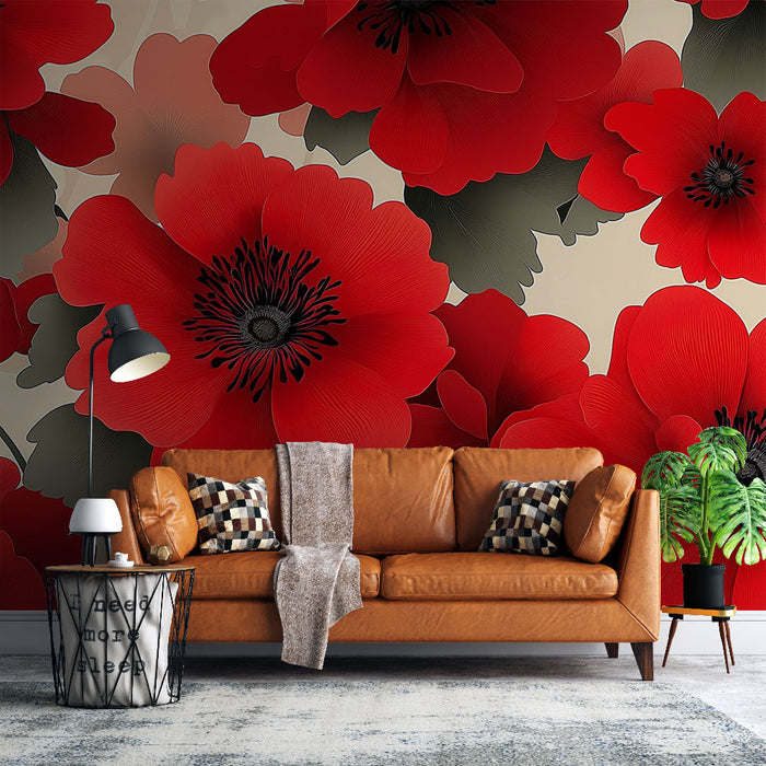Fototapet røde blomster | Livligt blomstermønster på en lys baggrund