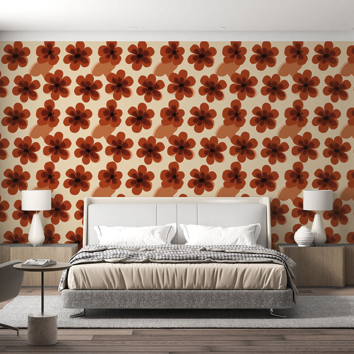 Mural Wallpaper red flowers | A warm floral pattern on a cream background