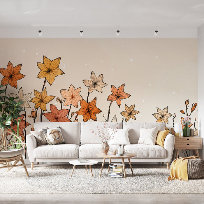 Tapetti kausikukat | Kukkakuvioita lämpimissä sävyissä pehmeällä taustalla