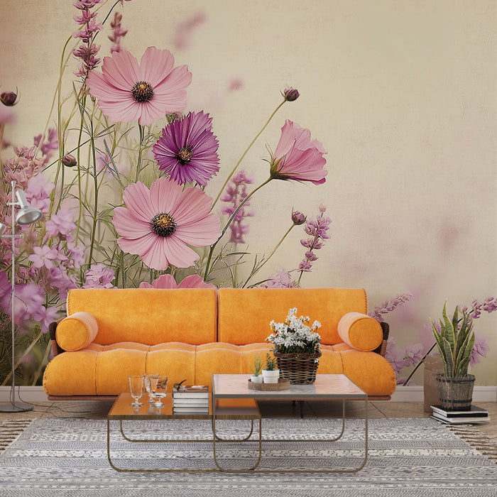 Muralna tapeta divje rože | Kozmos in pastelna mehkoba