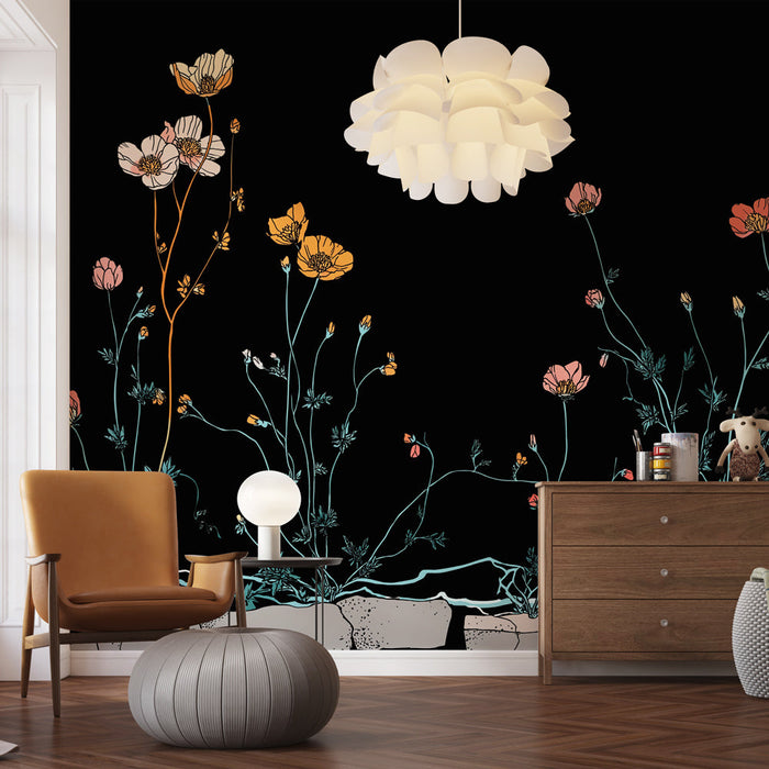 Fototapet vilde blomster | Blomster tegnet med delikate konturer på en sort baggrund