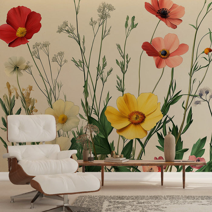 Fototapet vilde blomster | Farverigt og delikat botanisk mønster