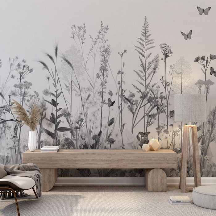 Mural Wallpaper wildflowers | Flight of black and white butterflies