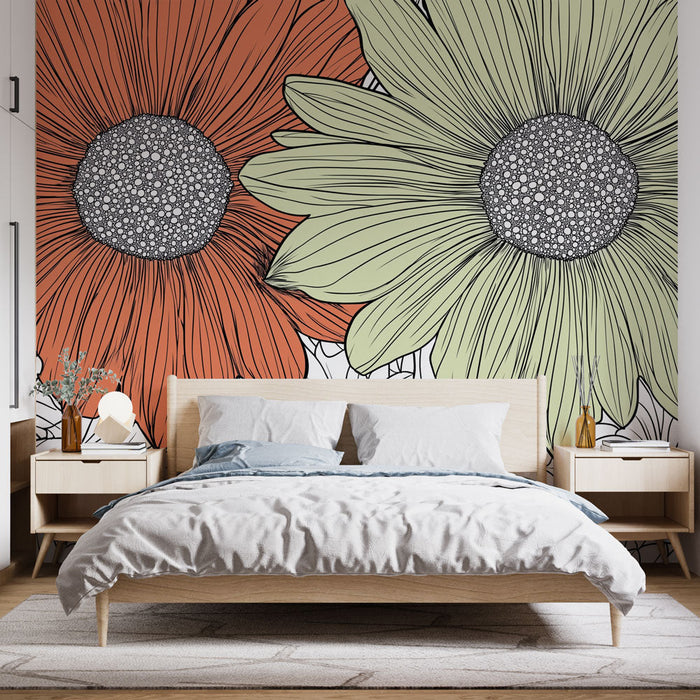 Fototapeta stilizirano cvetje | Velike oranžne in zelene rože z nežnim cvetličnim ozadjem