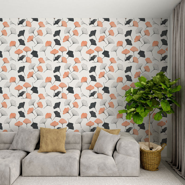 Fotótapéta stilizált virágokkal | Levél- és virágminta narancssárga és szürke árnyalataiban